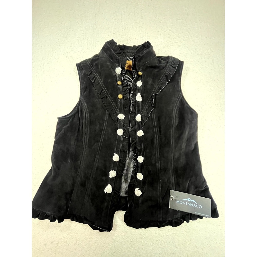 Y2K King Ranch Quilted Jacket Womens XL Black Leather Ruffle Hem V Neck Western